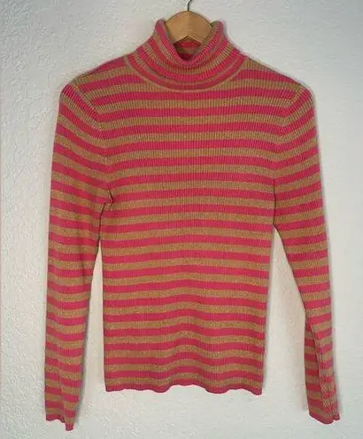 Moda International Pink Gold Glitter Stripe Turtleneck Sweater Holiday Sparkle Size M