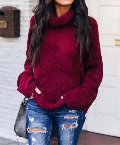 Chenille Burgandy cowl neck chunky Sweater Red