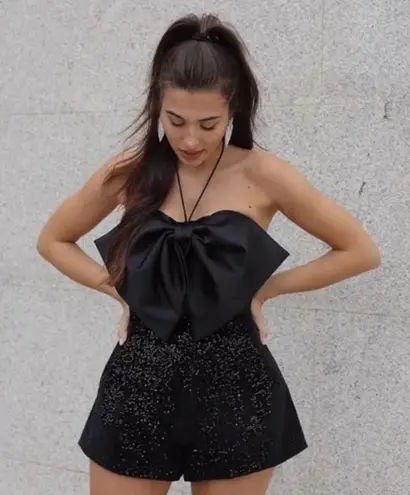 Strapless Short Black Bow/Sparkle Romper - Image 1