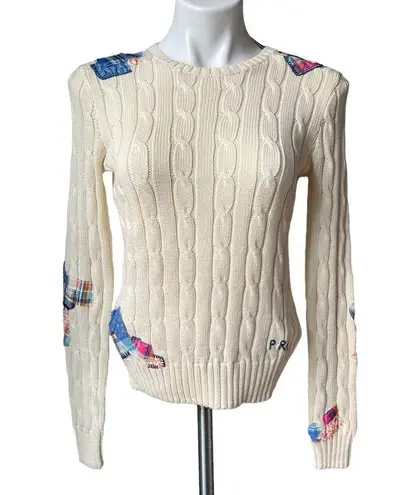 Polo NWT,  Ralph Lauren Patchwork Cable Knit Cotton Sweater Crew Neck, Sz S