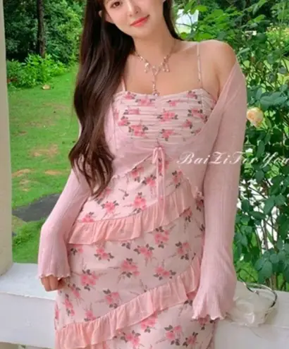 Korean Y2K Cottage Pastel Baby Pink Thin Crop Ribbon Tie Cardigan Size XS