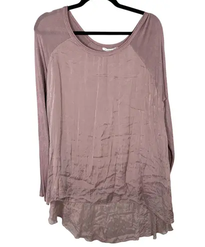 Tempo Paris 100% Silk Purple Flowy Long Sleeve Tunic Blouse Boho Coastal Large