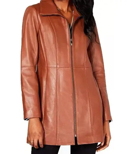 Anne Klein  Women's Mid-length Leather Jacket Chocolate Brown Size XL Sleek