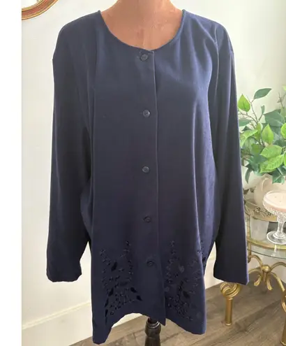 Jane Ashley Navy Blue Button Down Tunic Top Long Sleeve Laser Cut Details