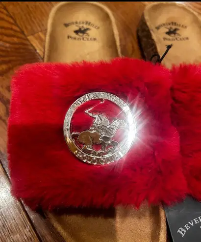 Beverly Hills Polo Club Womens Slides Sandals RED FUZZY Fur Size 7