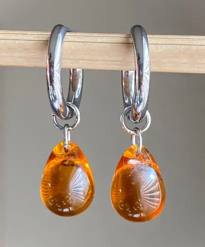 Handmade amber teardrop Czech glass simple minimalist hoop earrings🧡