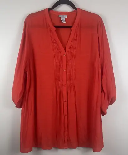 Catherines Top Sz 0X Red Orange Pleated Button Front Blouse Sheer Flowy Boho