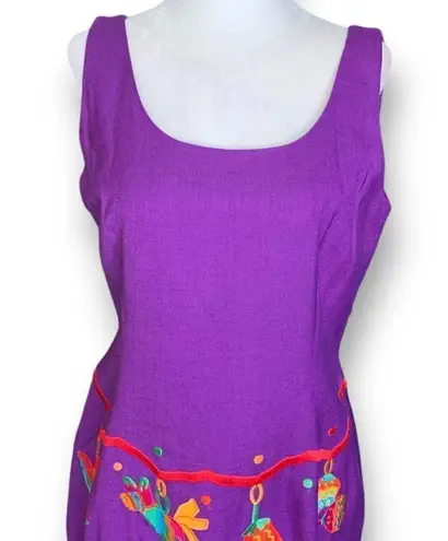 Vintage Deborah Laws Dress Purple Mexican Fiesta Embroidered Linen Blend Maxi Size 10P