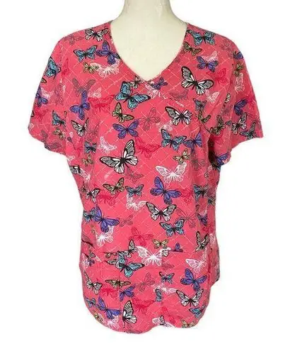 Scrubstar womens M short sleeve v-neck pullover pink with butterflies scrub top