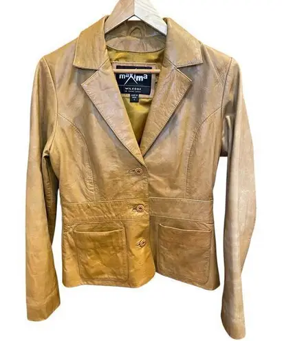 wilson's leather Vintage Maxima Camel Brown Button Biker Style Collared Jacket