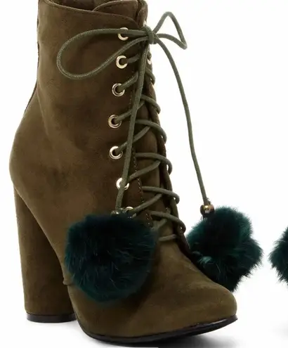 Catherine Malandrino Olive Green Fur Pom Pom Ankle Bootie