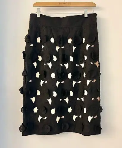 Catherine Malandrino Floral Lace Cut Out Black Pencil Midi Skirt Size 10