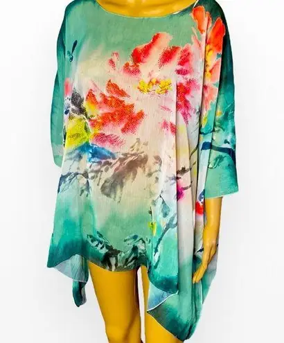 Missy Plus Floral Chiffon Caftan Poncho/ Coverup OS Green Size undefined