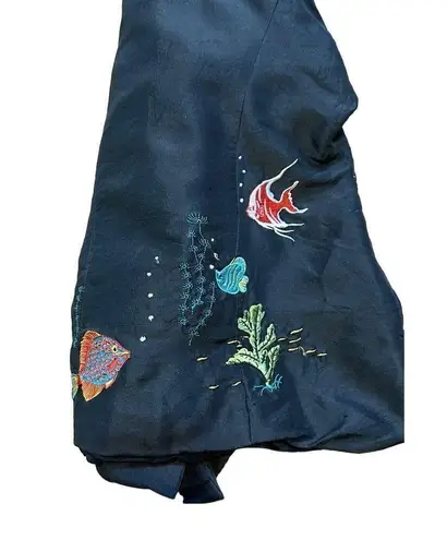 Vintage Silkland Women’s Black Embroidered Fish 100% Silk Jacket Blazer … Size 10