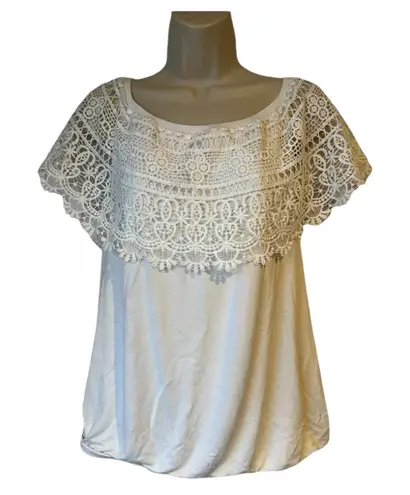 I. N. Studio Women's Large White Lace Overlay Top Boho Peasant Rayon Blouse White