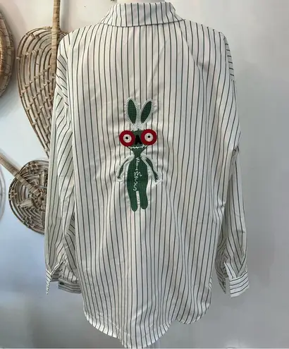 Striped Button Down Shirt Green Buttons Bunny Patch Back XL Oversized Streetwear White