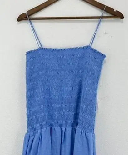 Faithfull the Brand Faithful the Brand Linen Smocked Bodice Maxi Dress Blue Sleeveless Casual Summer