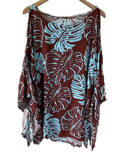 Unbranded Hawaiian Tropical Leaves Cutout Waterfall Sleeves Hoodie Tunic Top XL Brown