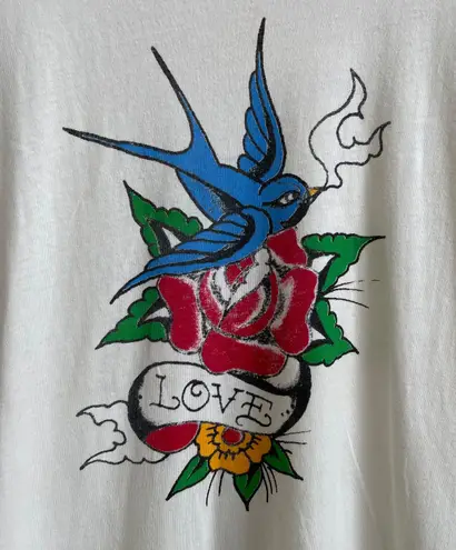 Ed Hardy Vintage Y2K Creme Blue Bird Rose “Love” Tattoo Graphic Short Sleeve Tee