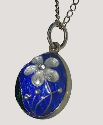 Russian Enamel Egg Vintage 925 Sterling Silver Pendant Necklace 12K Gold Filled Blue