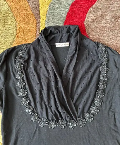 y2k 90’s style Vintage Retro Black Stretch Dressy Floral Sequin Long Sleeve Top