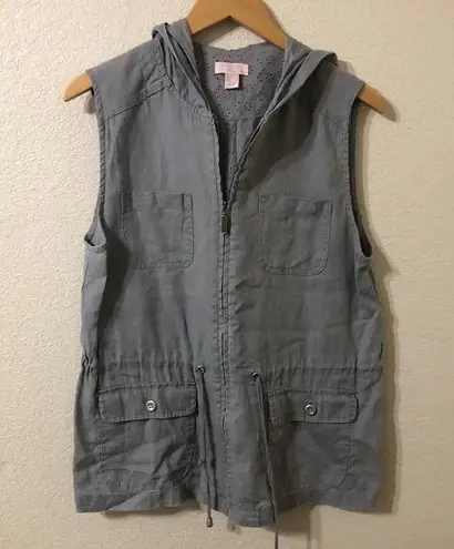 St. Tropez West 100% Linen Gray Zip Hooded Vest - Size Large