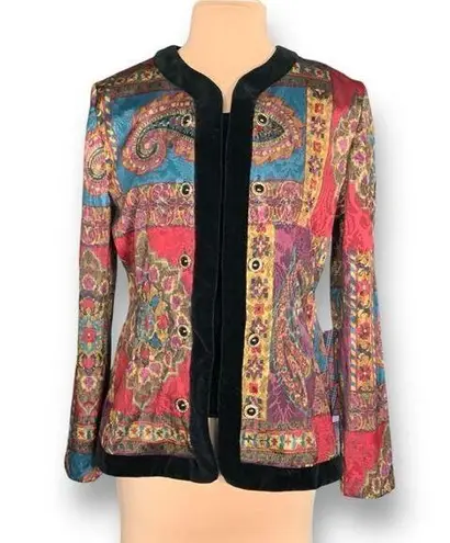 Leslie Fay Vintage Collarless Blazer Jacket Burgundy Paisley Floral Boho