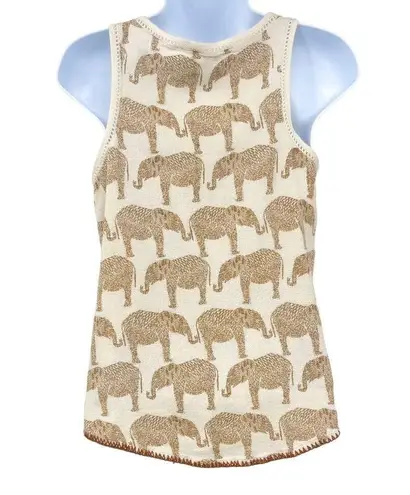 Anthropologie Lucky Brand Embroidered Elephant Print Tank Top Boho Tan Bead Tie Shirt XS