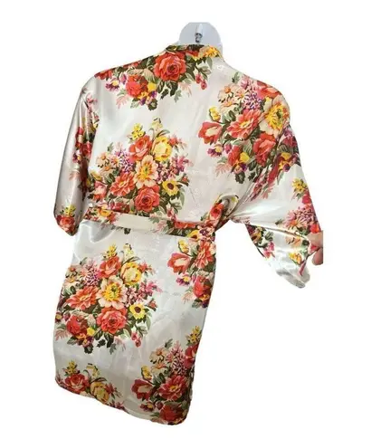 Women Short Robe Size XL Satin Orange Beige Floral Print Kimono Sleepwear