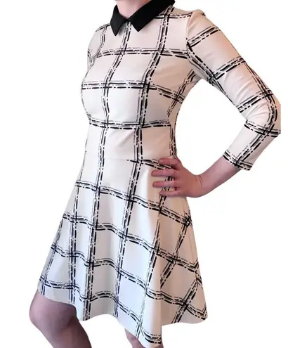 Eliza J Fit & Flare Preppy White Black Plaid Pattern Office work Collar Dress