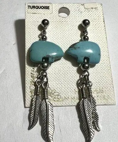 Boutique Silver Tone Turquoise Bear Bead and Dangle Feather Earrings Hypoallergenic Post