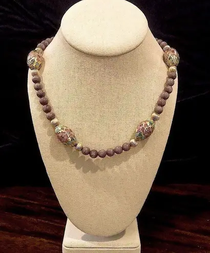 Amethyst Vintage Beads and Gold Floral Cloisonné Enamel Beaded Necklace