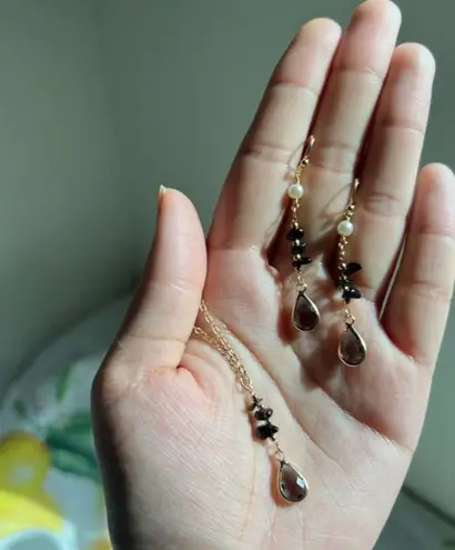 Black Onyx Jewelry Set, Tourmaline Gray Crystals, Edgy, Minimalist, Casual