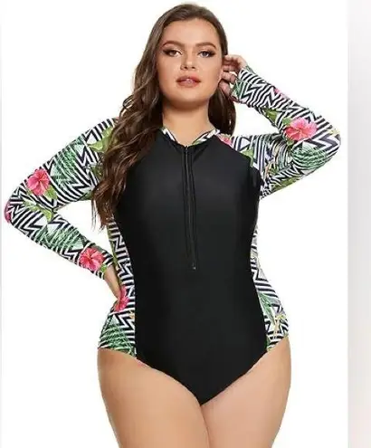 Floral Rash Guard Swimsuit Long Sleeve One Piece Rashguard Zip