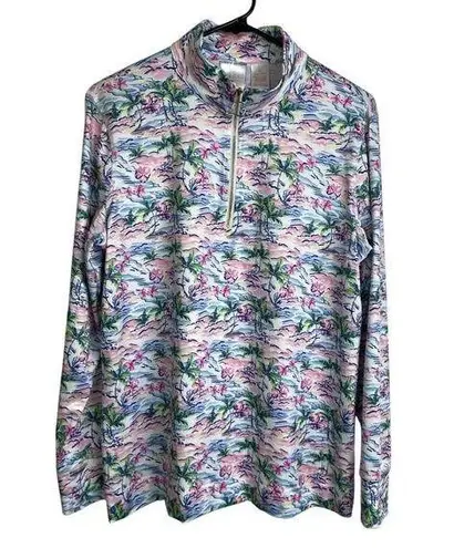 Stella Parker Pink Top Large Long Sleeve 1/4 Zip Floral UPF Golf Hiking Stretch Blue