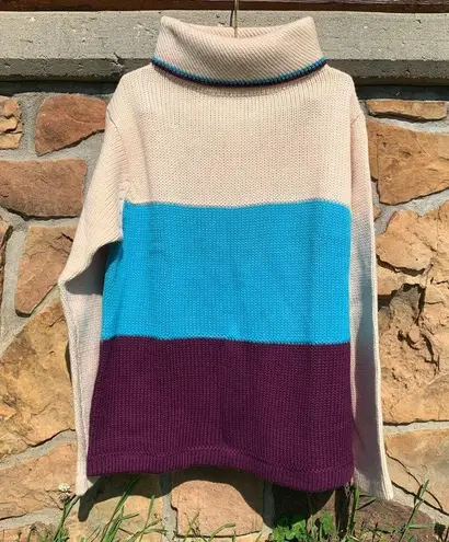 Vintage 60s 70s Sears Wool turtleneck sweater color block stripe Blue Size L - Image 2