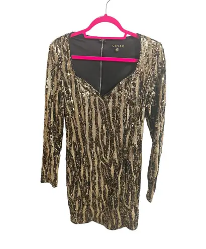 Gold Black Sequin Bodycon Mini Dress M Vtg Party Cocktail Hoco Holiday NYE Size M