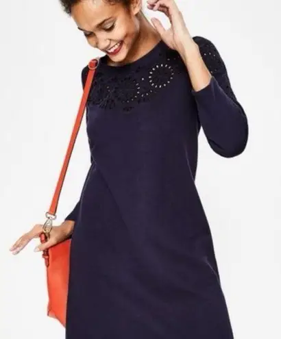 Boden Navy Blue Eyelet Sweatshirt Dress Mini Long Sleeve Crew Neck Solid Size 8