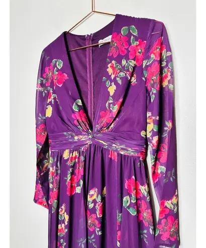 Mac Duggal  Purple Floral Georgette Plunging Neckline High Slit Gown Size 8