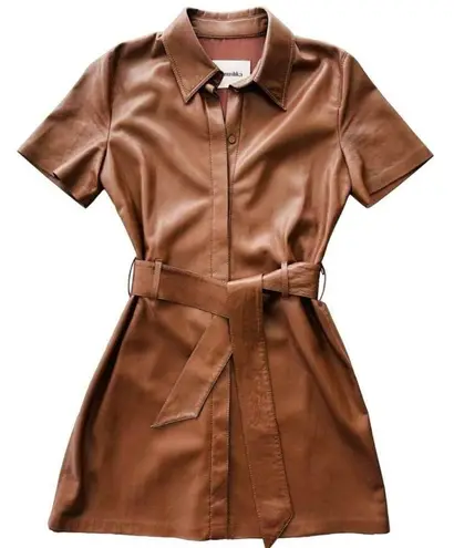NANUSHKA Halli Vegan Leather Shirt Dress In Brown Size Small Belted Short Sleeve