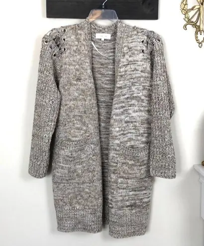 John + Jenn Lace Up Cold Shoulder Marled Oatmeal Cardigan