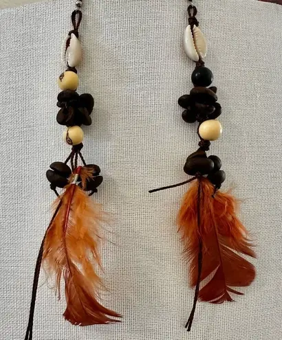 Mexican Coffee Bean shell Extra Long Feather Earrings