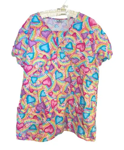 VTG 90’s Crest Scrub Top Rainbow Hearts Pink Ribbon Print Pockets Women’s Large
