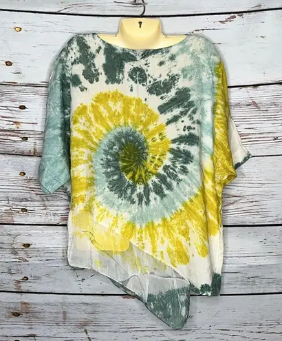 Kaktus NWT Size L Green & Yellow Tie Dye Chiffon Hemline Oversized Top Size L
