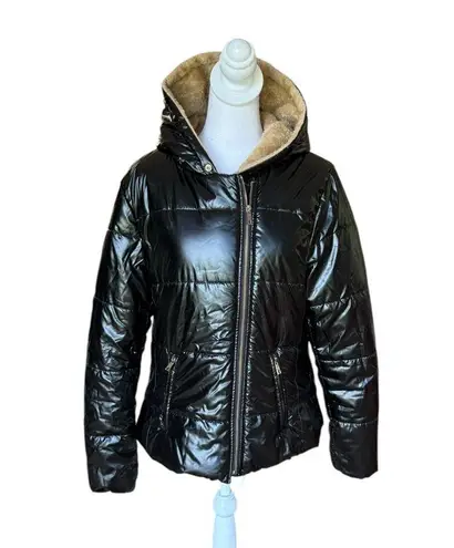 Roiii Black Quilted Puffer Coat Jacket Faux Fur Lined Hood Womens Size Medium