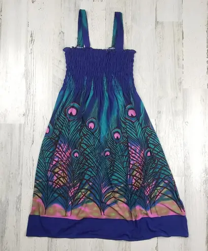 NWT Ace Fashioned Smocked Peacock Feather Summer Dress Women's Size Small Blue