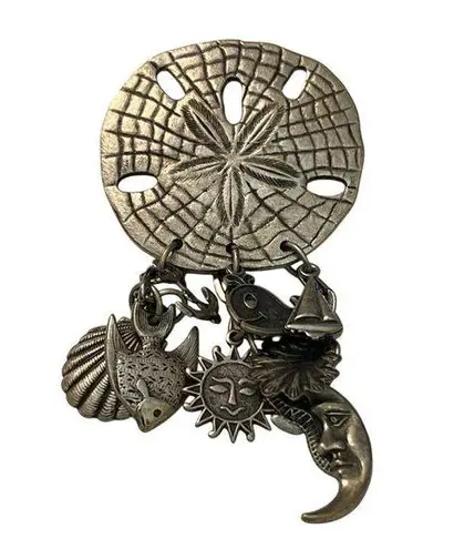 Sand Dollar Charm Brooch Nautical Celestial Dangling Charms Silver Tone 3.5"