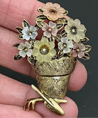 LIA Signed Pot of Flowers with Garden Tools Gold