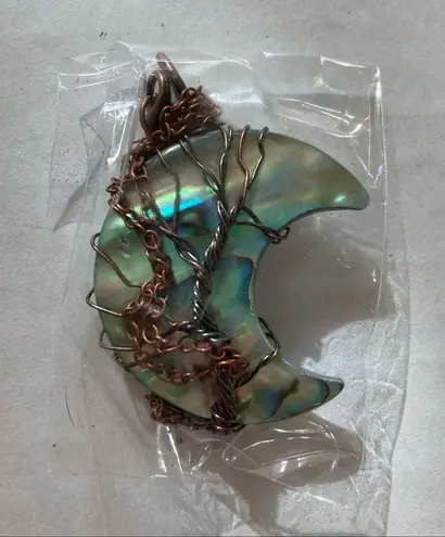 ABALONE Shell Tree of Life Wire Wrapped Crescent Moon Pendant Necklace