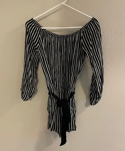 Forever 21 Black and White Striped off the Shoulder Romper